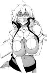  1girl arm_under_breasts arrancar bleach breasts commentary_request dark-skinned_female dark_skin gloves greyscale hair_between_eyes high_collar highres hip_vent koda1ra large_breasts long_bangs long_hair looking_at_viewer mask monochrome mouth_mask navel sheath shrug_(clothing) solo tier_harribel twitter_username underboob weapon weapon_on_back 