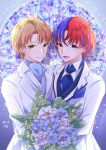  2boys alear_(fire_emblem) alear_(male)_(fire_emblem) alfred_(fire_emblem) alternate_costume ascot blonde_hair blue_eyes blue_hair bouquet closed_mouth fire_emblem fire_emblem_engage flower green_eyes hair_between_eyes heterochromia highres holding holding_bouquet long_sleeves male_focus multicolored_hair multiple_boys open_mouth red_eyes red_hair short_hair smile suit two-tone_hair yaoi yutohiroya 