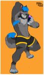  absurd_res anthro boxers_(clothing) bulge cellphone clothing collar headphones hi_res male markings paws phone raised_arm scar solo tail terryskaii_(artist) underwear 