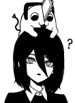  1girl :3 ? absurdres animal_on_head black_hair chainsaw chainsaw_man fangs greyscale hair_between_eyes highres looking_at_viewer mole monochrome nayuta_(chainsaw_man) on_head pochita_(chainsaw_man) ringed_eyes short_hair simple_background white_background yones81239278 