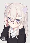 1girl :&lt; adjusting_eyewear animal_ears artist_name black_sweater capriccio cat_ears closed_mouth collared_shirt commentary_request dress_shirt grey_background grey_hair hair_between_eyes hair_ornament hairclip hands_up long_hair long_sleeves looking_at_viewer original purple-framed_eyewear purple_eyes shirt simple_background sleeves_past_wrists solo sweater upper_body white_shirt 