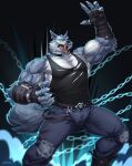  amon-sydonai anthro claws clothed clothing dislyte freddy_(dislyte) hi_res male muscular muscular_anthro muscular_male pecs solo teeth vein veiny_muscles 
