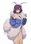  1girl absurdres animal_ears b9_(rrrqqq) blue_jacket coat eyeliner fake_animal_ears fishnet_pantyhose fishnets fur_collar hands_up highres jacket leotard long_legs long_sleeves makeup medium_hair original pantyhose purple_eyes purple_hair rabbit_ears simple_background white_background 