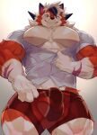  4_fingers abs absurd_res anthro anthro_focus barely_visible_genitalia black_hair blush canid canine clothed clothing dipstick_ears dusk_lycanroc fingers fluffy fur generation_7_pokemon genital_outline genitals hair hi_res kyoto_rex looking_at_viewer looking_down looking_down_at_viewer lycanroc male male_anthro male_focus mammal multicolored_body multicolored_ears multicolored_fur multicolored_hair muscular muscular_male muscular_thighs neck_tuft nintendo orange_clothing orange_underwear pecs pokemon pokemon_(species) scar shirt simple_background smile solo solo_focus spiky_hair standing tan_body tight_clothing topwear tos_tos_f_ski tuft two_tone_body two_tone_fur unbuttoning underwear undressing white_body white_clothing white_fur white_hair white_shirt white_topwear yellow_body yellow_eyes yellow_fur 