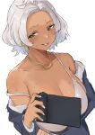  1girl absurdres arm_under_breasts blush bra breasts cleavage collarbone dark-skinned_female dark_skin dh-zone earrings fingernails forehead grey_hair gundam gundam_suisei_no_majo highres hoop_earrings jewelry large_breasts looking_at_viewer nail_polish secelia_dote short_hair simple_background smile solo strap_slip sweatdrop underwear upper_body white_background white_bra 