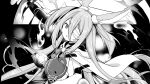  1girl animal_ears black_background carrying game_cg gloves glowing greyscale hair_between_eyes highres holding little_witch_nobeta long_hair monica_(little_witch_nobeta) monochrome non-web_source official_art one_eye_covered parted_lips rabbit_ears rabbit_girl solo straight_hair very_long_hair 