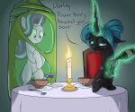  alcohol arthropod beverage bowl candle candlelight candlestick changeling chianti chrysalis cocooned container equid equine eyeshadow friendship_is_magic furniture green_eyes green_eyeshadow green_hair hair hair_bun hasbro hi_res horn light makeup mammal my_little_pony queen_chrysalis_(mlp) rocket-lawnchair table unicorn wine wine_bottle 