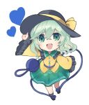  1girl black_headwear blue_heart chibi floral_print green_eyes green_hair green_skirt jacket komeiji_koishi looking_at_viewer short_hair simple_background skirt smile solo touhou tsukikusa white_background yellow_jacket 