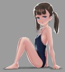  1girl arm_support barefoot black_hair blue_eyes blue_one-piece_swimsuit flat_chest full_body gengorou grey_background medium_hair one-piece_swimsuit original school_swimsuit simple_background sitting solo swimsuit twintails 