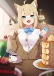  1girl :d absurdres ahoge animal_ear_fluff animal_ears blonde_hair blue_bow blue_bowtie blue_eyes blue_nails blurry blurry_background bow bowtie breasts brown_cardigan button_gap cake cardigan cellphone coffee collared_shirt commentary_request cup fang fingernails food fork fox_ears fox_girl hair_ornament hairclip highres hinata_(user_rjkt4745) holding holding_fork holding_phone indoors large_breasts long_sleeves looking_at_viewer nail_polish open_mouth original pancake phone school_uniform shirt skin_fang smile solo white_shirt 