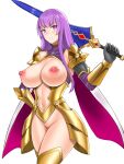  1girl armor breasts cape claudette_(queen&#039;s_blade) claudette_(queen&#039;s_blade_unlimited) cleavage commission commissioner_upload cowboy_shot gauntlets gold_armor highres holding holding_sword holding_weapon knight large_breasts long_hair looking_at_viewer naked_armor navel over_shoulder pixiv_commission purple_eyes purple_hair pussy queen&#039;s_blade revealing_clothes sword sword_over_shoulder uncensored vvv_(vvv98048917) weapon weapon_over_shoulder 