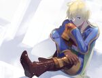  1boy ahoge blonde_hair brown_eyes cape closed_mouth cofffee final_fantasy final_fantasy_tactics full_body looking_at_viewer male_focus ponytail ramza_beoulve shirt solo 