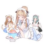  3girls ^_^ alternate_costume animal animal_ears apron black_dress blue_dress blush brown_hair cake candle cat cat_ears cat_tail closed_eyes dress enmaided food green_hair hand_on_own_cheek hand_on_own_face highres holding holding_animal idolmaster idolmaster_million_live! light_brown_hair looking_at_viewer maid maid_apron maid_headdress miyao_miya multiple_girls nys puffy_short_sleeves puffy_sleeves short_sleeves smile tail tenkubashi_tomoka tokugawa_matsuri white_apron wrist_cuffs 