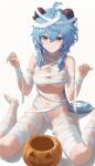  1girl absurdres ahoge bandages bare_shoulders blue_hair blush breasts brown_eyes commentary ganyu_(genshin_impact) genshin_impact groin hands_up highres horns large_breasts llami_0 long_hair looking_at_viewer mummy_costume naked_bandage navel sitting solo stomach wariza 