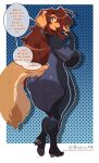  2023 absurd_res anthro big_breasts big_butt blue_eyes breasts brown_hair butt canid canine canis clothed clothing dialogue domestic_dog english_text female hair hi_res inu-sama long_hair looking_at_viewer looking_back looking_back_at_viewer mammal rhoda_(the_dogsmith) solo text tight_clothing 