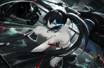  absurdres bare_shoulders belt black_gloves black_hair black_rock_shooter black_rock_shooter_(character) black_shorts blue_eyes boots gloves highres holding holding_weapon knee_boots long_hair motor_vehicle motorcycle parking_lot shorts superhero_landing thighs tokyo_(1421) twintails weapon white_belt 
