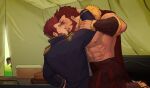  3boys abs absurdres artist_name bara beard black_jacket blush cape closed_eyes cropped facial_hair fate/grand_order fate_(series) french_kiss goatee highres iskandar_(fate) jacket kiss large_pectorals long_sideburns male_focus multiple_boys muscular muscular_male napoleon_bonaparte_(fate) navel nipples pectorals red_cape sideburns straddling tongue tongue_out topless_male upright_straddle waver_velvet whyhelbram yaoi 