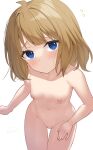  ahoge binsen blue_eyes blush breasts brown_hair closed_mouth collarbone flying_sweatdrops from_above groin head_tilt highres idolmaster idolmaster_million_live! looking_at_viewer looking_up navel nipples nude simple_background small_breasts suou_momoko white_background 