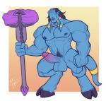  balls biceps big_muscles blizzard_entertainment blue_body draenei erection genitals hammer_(weapon) hi_res hooves humanoid leelikessmut male muscular nipples nude pecs penis pubes tail warcraft 