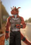  2020 bag bandai_namco bottomwear claws clothed clothing digimon digimon_(species) growlmon hi_res horn kenobear male navel pants pecs public raised_clothing raised_shirt raised_topwear shirt solo tank_top topwear yellow_eyes 