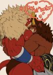  2boys absurdres bara beard black_nails blank_eyes body_fur brothers clothes_around_waist colored_skin curled_horns dark-skinned_male dark_skin demon_boy demon_horns face_to_pecs facial_hair feet_out_of_frame from_side furrowed_brow furry furry_male gardie_(otsukimi) heart highres horns hug huge_eyebrows infel_(otsukimi) jewelry large_hands large_pectorals lion_hair long_hair male_focus mature_male multiple_boys muscular muscular_male necklace nervous_sweating nipples original otsukimi pectorals red_skin siblings surprise_hug sweat tearing_up thick_eyebrows thick_thighs thighs topless_male veins veiny_hands 
