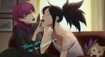  2girls ahri_(league_of_legends) akali artist_name bare_arms bare_shoulders black_hair black_sweater blurry blurry_background breasts character_doll cleavage closed_eyes commission couch english_text evelynn_(league_of_legends) feeding food fruit grey_shirt highres indoors k/da_(league_of_legends) k/da_ahri k/da_akali k/da_evelynn large_breasts league_of_legends long_hair long_sleeves multiple_girls off_shoulder ponytail purple_hair shirt sitting strawberry sweater wosashimi yuri 