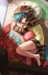  1girl bare_legs barefoot blue_hair closed_eyes error from_above highres hood hoodie japari_coin kemono_friends long_sleeves lying melaton on_floor on_side pillow print_hoodie profile short_hair sleeping smile snake_print soles solo tail tsuchinoko_(kemono_friends) two-tone_hoodie wrong_feet yellow_hoodie 