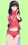  1girl absurdres akasakaa black_hair blue_eyes bodypaint breasts commentary_request elbow_sleeve gridman_universe gridman_universe_(film) headband highres long_hair looking_at_viewer official_alternate_costume red_headband red_shorts scrunchie shorts simple_background solo sportswear sweat takarada_rikka thighs volleyball_uniform wrist_scrunchie 