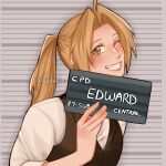  1boy aiphelix barbie_mugshot_(meme) blonde_hair blush character_name edward_elric english_text fullmetal_alchemist height_mark highres holding holding_sign long_hair looking_at_viewer male_focus meme one_eye_closed ponytail prisoner sign smile upper_body yellow_eyes 