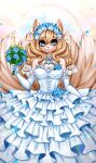  absurd_res accessory anthro blonde_hair blue_roses canid canine clothed clothing dress female flower flower_in_hair fox fox_tail hair hair_accessory hi_res mammal petals plant rose_(flower) solo tails_(disambiguation) wedding_dress white_clothing white_dress yonachka_doki 