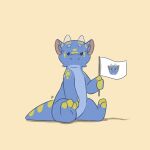 1:1 2023 2_horns 3_toes ambiguous_gender anthro barefoot blue_body blue_scales dated digital_media_(artwork) dragon feet fingers flag flag_(object) hi_res holding_flag holding_object horn looking_at_viewer louart scales scalie signature simple_background sitting solo tail toes white_background yellow_body yellow_scales 