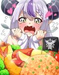  1girl apple apple_slice bare_shoulders blush braid cherry commentary demon_horns drooling fangs flag flying_sweatdrops food food_request fork fruit grey_hair hair_between_eyes head_rest heart highres holding holding_fork holding_spoon hololive horns ketchup la+_darknesss la+_darknesss_(1st_costume) long_hair long_sleeves looking_at_food multicolored_hair okosama_lunch omelet omurice open_mouth pointy_ears pudding purple_hair shoui shrimp shrimp_tempura simple_background sleeves_past_wrists slit_pupils solo spoon streaked_hair striped_horns tearing_up tears tempura tomato tongue upper_body vegetable virtual_youtuber white_background white_sleeves yellow_eyes 
