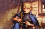  1girl against_wall amestris_military_uniform baimon black_shirt blonde_hair blue_jacket brick_wall broken_window brown_eyes bullet deviantart_username fullmetal_alchemist gun jacket jacket_on_shoulders looking_at_viewer military_uniform mouth_hold non-web_source rifle riza_hawkeye scope shell_casing shirt short_hair sniper_rifle solo uniform weapon web_address 