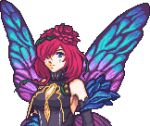  bare_shoulders blue_eyes breasts commission facing_viewer fairy fairy_wings fire_emblem fire_emblem_heroes flower hair_flower hair_ornament hair_over_one_eye looking_at_viewer lowres lunar_dignity medium_breasts pixel_art purple_hair second-party_source sprite_art triandra_(fire_emblem) upper_body wings 