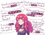  1girl breasts choker cleavage commentary_request facial_mark fire_emblem fire_emblem_engage highres large_breasts long_hair pink_choker purple_eyes purple_shirt red_hair sher_(imnotsher) shirt solo speech_bubble star_(symbol) upper_body very_long_hair yunaka_(fire_emblem) 