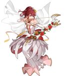  1girl anna_(fire_emblem) bare_shoulders bow_(weapon) breasts detached_sleeves dress feather_trim fire_emblem fire_emblem_awakening fire_emblem_heroes full_body gold_trim gradient_clothes hair_ornament halterneck highres holding holding_bow_(weapon) holding_weapon konfuzikokon long_dress long_hair medium_breasts non-web_source ponytail red_eyes red_hair solo transparent_background weapon wedding_dress white_dress 