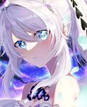  +_+ 1girl bare_shoulders blue_eyes blue_flower breasts flower glint grey_hair hair_between_eyes hair_intakes highres honkai_(series) honkai_impact_3rd kiana_kaslana kiana_kaslana_(herrscher_of_finality) long_hair looking_at_viewer medium_breasts parted_lips petals ponytail portrait sidelocks solo space star_(sky) yudemame1027 