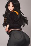  1girl :d artist_name ass black_hair black_hoodie black_pants commentary drawstring english_commentary from_behind grey_background highres hood hood_down hoodie iwbitu long_hair long_sleeves looking_at_viewer looking_back open_mouth orange_eyes original paid_reward_available pants simple_background smile solo teeth twitter_username upper_teeth_only 