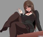  1girl artist_name beautiful_gunbari black_shirt breasts brown_eyes brown_hair brown_pantyhose cigarette cleavage feet holding holding_cigarette jung_su-a knee_up long_hair long_sleeves looking_at_viewer marheit mole mole_on_breast o-ring pantyhose shirt sitting solo thigh_strap very_long_hair 