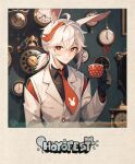  1boy alice_in_wonderland animal_ears black_shirt clock collared_shirt cosplay extra_ears genshin_impact highres kaedehara_kazuha low_ponytail male_focus multicolored_hair necktie nekojinnyart rabbit_boy rabbit_ears red_eyes red_hair red_necktie shirt solo suit wall_clock white_hair white_rabbit_(alice_in_wonderland) white_rabbit_(alice_in_wonderland)_(cosplay) white_suit 