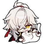  1boy animal cat chibi chinese_clothes closed_mouth english_commentary hair_over_one_eye high_ponytail honkai:_star_rail honkai_(series) jing_yuan long_hair male_focus mole mole_under_eye official_art petting red_headwear transparent_background white_cat yellow_eyes 