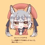  1girl animal_ears blazer closed_mouth cthun_n extra_ears fox_ears fox_girl grey_hair hat island_fox_(kemono_friends) jacket kemono_friends kemono_friends_v_project long_hair looking_at_viewer microphone necktie orange_hair ribbon shirt solo translation_request twintails upper_body virtual_youtuber yellow_eyes 
