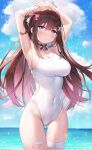  1girl :o armpits arms_up ayamy bandaid bandaid_on_arm bandaid_on_leg blue_eyes blue_sky blush breasts brown_hair cleavage cloud collarbone commentary_request covered_navel day hair_ornament hair_ribbon hairclip horizon long_hair looking_at_viewer ocean one-piece_swimsuit open_mouth original outdoors parted_lips ribbon sky solo standing swimsuit thigh_strap very_long_hair white_one-piece_swimsuit x_hair_ornament 