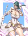  1girl absurdres anagumasan braid breasts circlet cleavage closed_mouth covered_navel cowboy_shot dress fire_emblem fire_emblem_heroes gold_trim green_hair highres holding jewelry large_breasts lightning linea_alba long_hair long_sleeves polearm shiny_skin simple_background single_braid smile solo thighs thorr_(fire_emblem) turtleneck weapon white_dress 