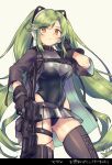  1girl arigatoner black_choker black_gloves black_jacket black_leotard breasts character_name choker commentary_request covered_navel cowboy_shot girls&#039;_frontline gloves green_hair gun headphones highres holding holding_gun holding_weapon imi_magal jacket large_breasts leotard long_hair magal_(girls&#039;_frontline) orange_eyes see-through see-through_skirt simple_background skindentation skirt solo thighhighs translation_request trigger_discipline twintails very_long_hair weapon 