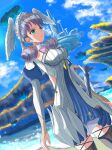  1girl blue_eyes braid breasts closed_mouth commentary_request crown_braid curly_hair dress dutch_angle gloves grey_hair head_wings highres juliet_sleeves long_sleeves makna_armour medium_breasts melia_antiqua o-ring outdoors puffy_sleeves short_dress solo staff tai56839808 thighhighs wings xenoblade_chronicles_(series) xenoblade_chronicles_1 