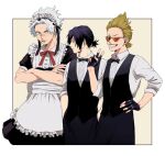  3boys apron bags_under_eyes black_bow black_bowtie black_dress black_gloves black_hair black_ribbon black_vest blonde_hair blue_eyes boku_no_hero_academia border bow bowtie crossdressing crossed_arms dress eraser_head_(boku_no_hero_academia) fingerless_gloves fingernails gloves grin hand_on_own_hip hands_in_pockets highres looking_at_viewer looking_to_the_side loud_cloud maid_headdress male_focus multiple_boys one_eye_closed present_mic red_ribbon ribbon rnuyvm shirt short_ponytail sleeves_past_elbows smile v vest waist_apron waiter waitress white_apron white_border white_hair white_shirt 
