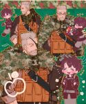  2boys blush bulletproof_vest camouflage_background deformed eyepatch facial_hair fate/grand_order fate_(series) fujimaru_ritsuka_(male) glasses grey_hair happy_aura headpat male_focus mature_male motion_blur multiple_boys multiple_views mustache notice_lines sara_(kurome1127) short_hair shoulder_belt sideburns smile sweatdrop thick_eyebrows walking william_tell_(fate) wrinkled_skin yaoi 