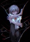  1boy absurdres belt black_background black_pants chinese_commentary chromatic_aberration collared_shirt commentary_request feet_out_of_frame grey_hair hair_between_eyes highres knee_up looking_at_viewer male_focus nagisa_kaworu neon_genesis_evangelion pants red_eyes shirt short_hair sitting smile solo teeth undershirt white_shirt yuanlitianshiheaoye66364 
