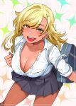  1girl bag black_skirt blonde_hair blush breasts brown_eyes cleavage commentary_request dark-skinned_female dark_skin ear_piercing gyaru hair_ornament hairclip happa_(cloverppd) highres large_breasts long_hair looking_at_viewer open_mouth original piercing pleated_skirt shirt shirt_tucked_in simple_background skirt solo sparkle teeth upper_teeth_only white_shirt 